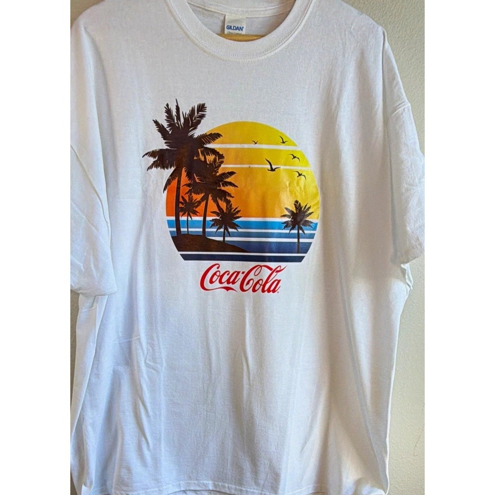 Coca-Cola Graphic White T-Shirt Sunset Palm Trees Soda Theme NWOT